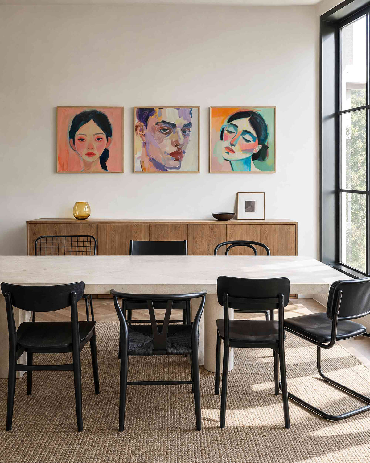 Interieurpresentatie van een driedelige vierkante posterset met kleurrijke portretten