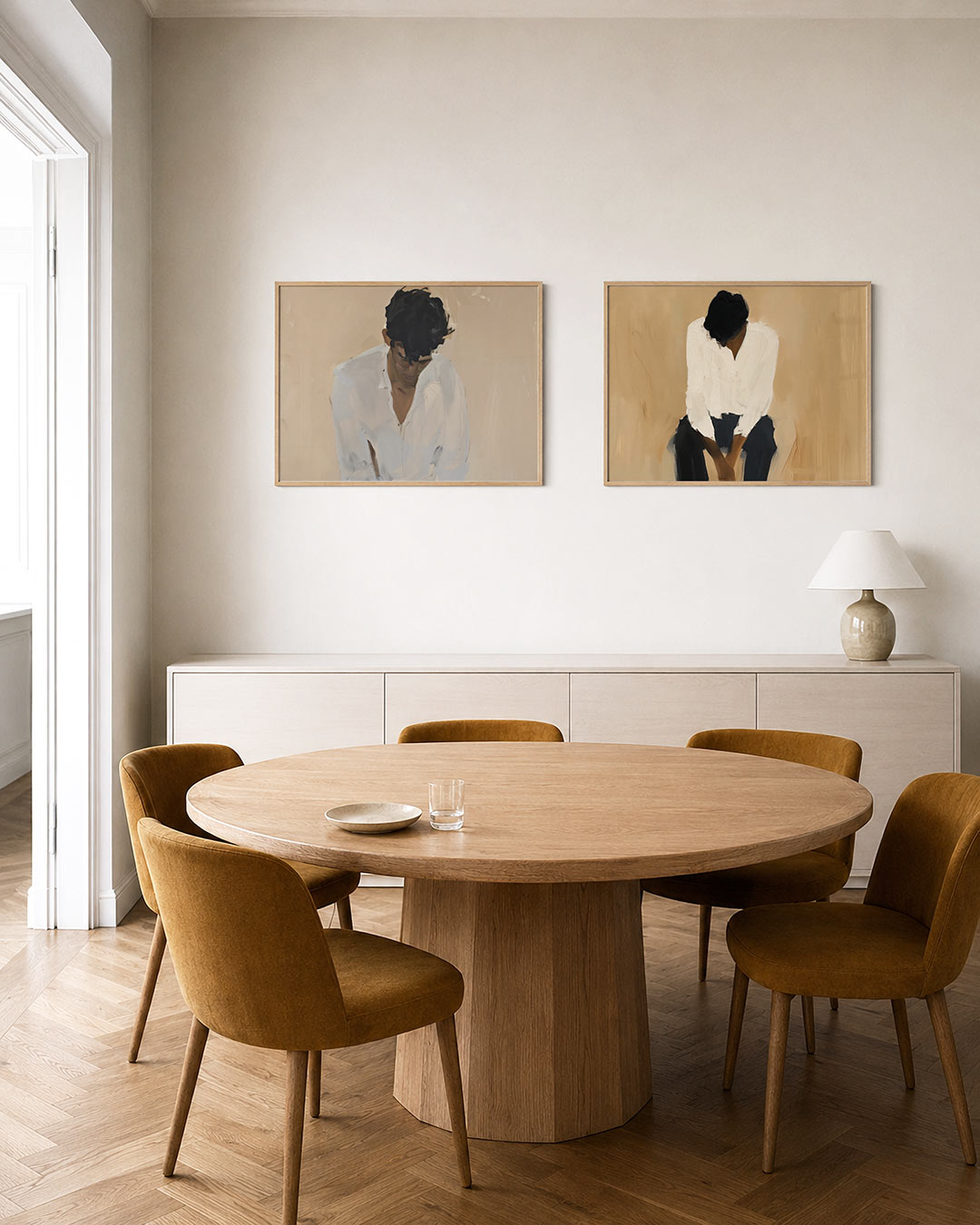 Interieurpresentatie van twee posters met een fijne compositie met zachte, vloeiende penseelstreken