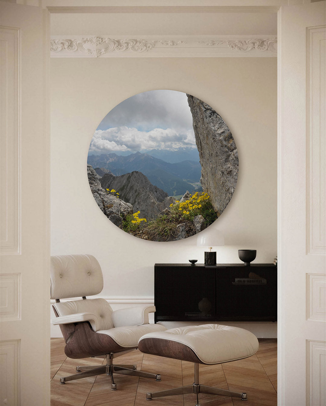 Berglandschap met bloemen Muurcirkel