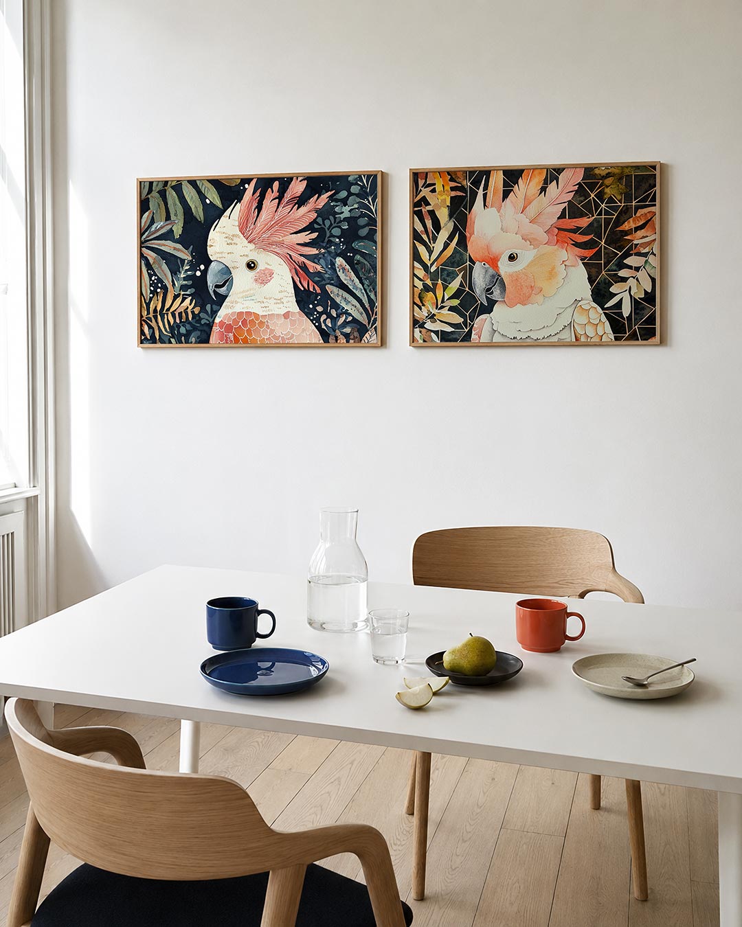 Interieurpresentatie van twee posters met een kleurrijke vogel met roze veren en een donkere snavel