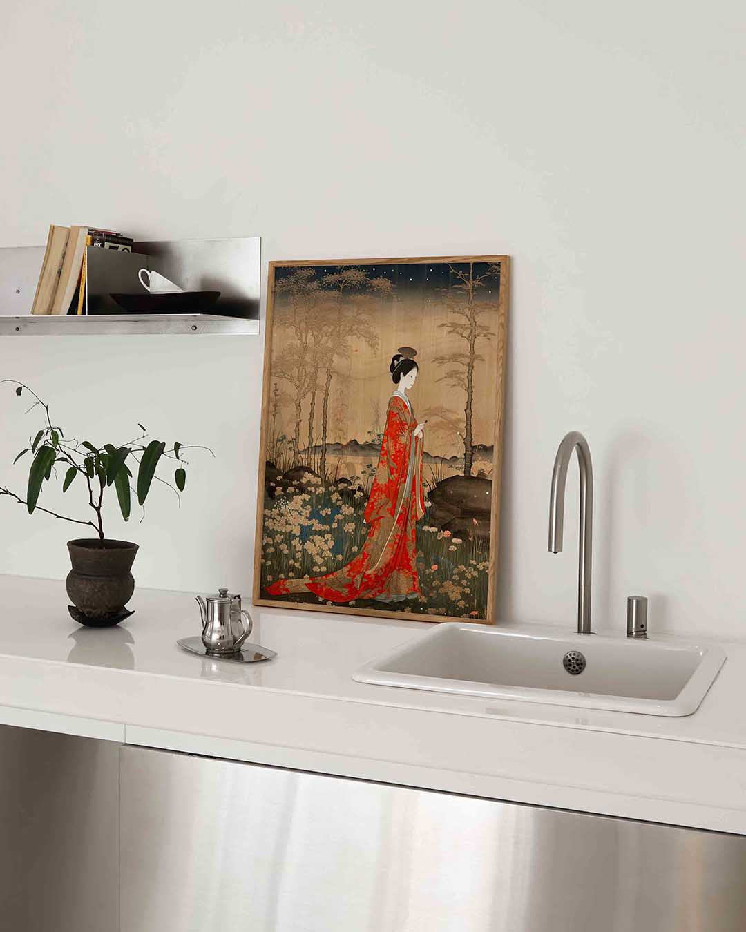 Vrouw in rode kimono Poster