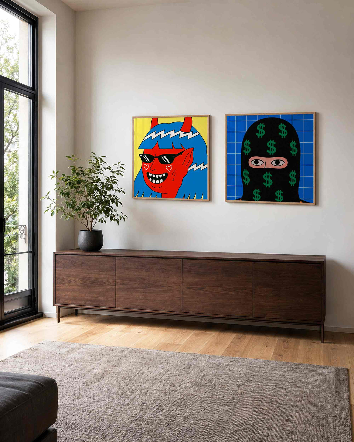 Interieurpresentatie van een tweedelige vierkante posterset met duivel en geldboef