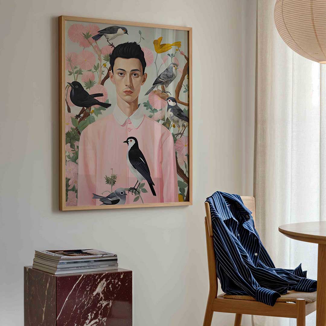 Vogels en man in roze Poster