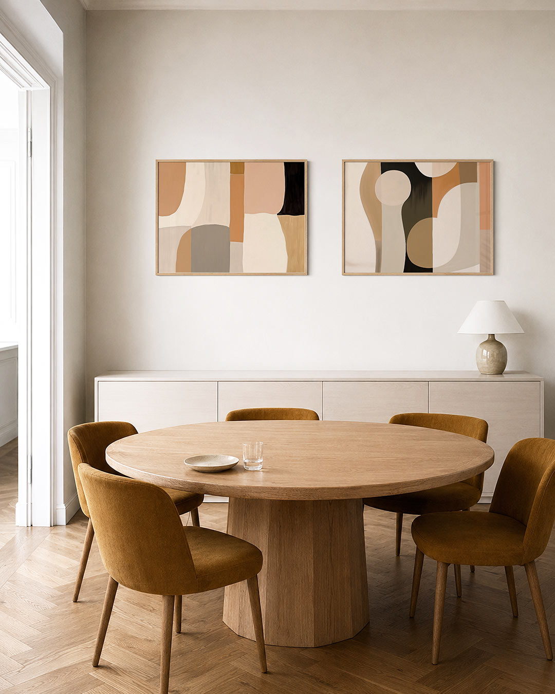 Tweedelige posterset met zachte, organische vormen in aardetinten, getoond in een interieur