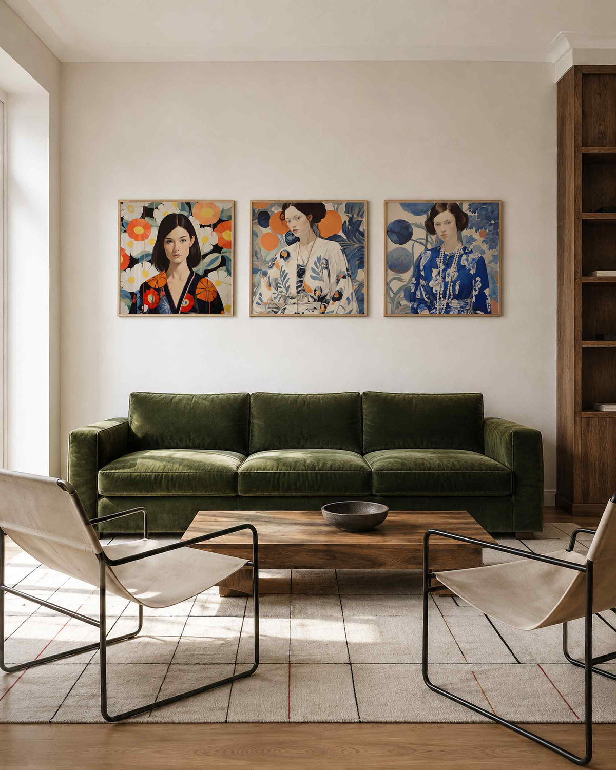 Interieurpresentatie van een driedelige vierkante posterset met portretten met bloemen