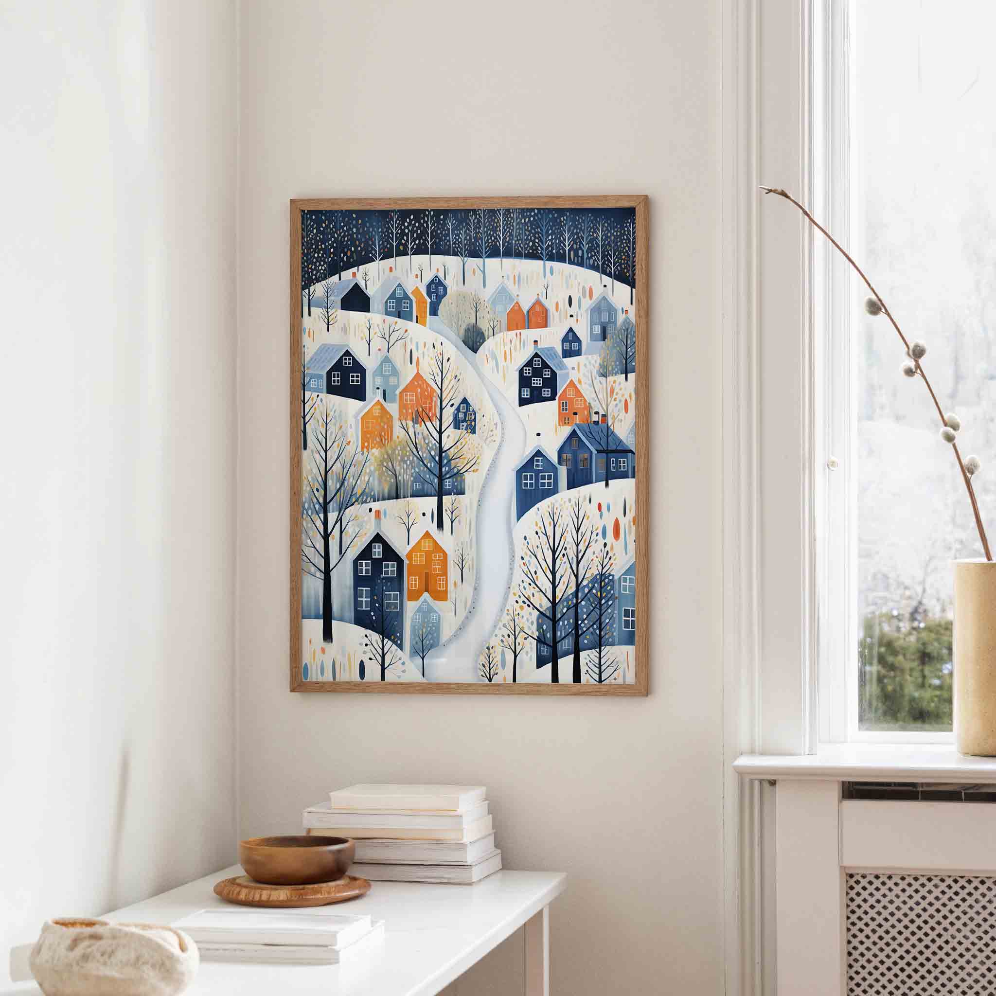Winterdorp met kleurrijke huizen Poster