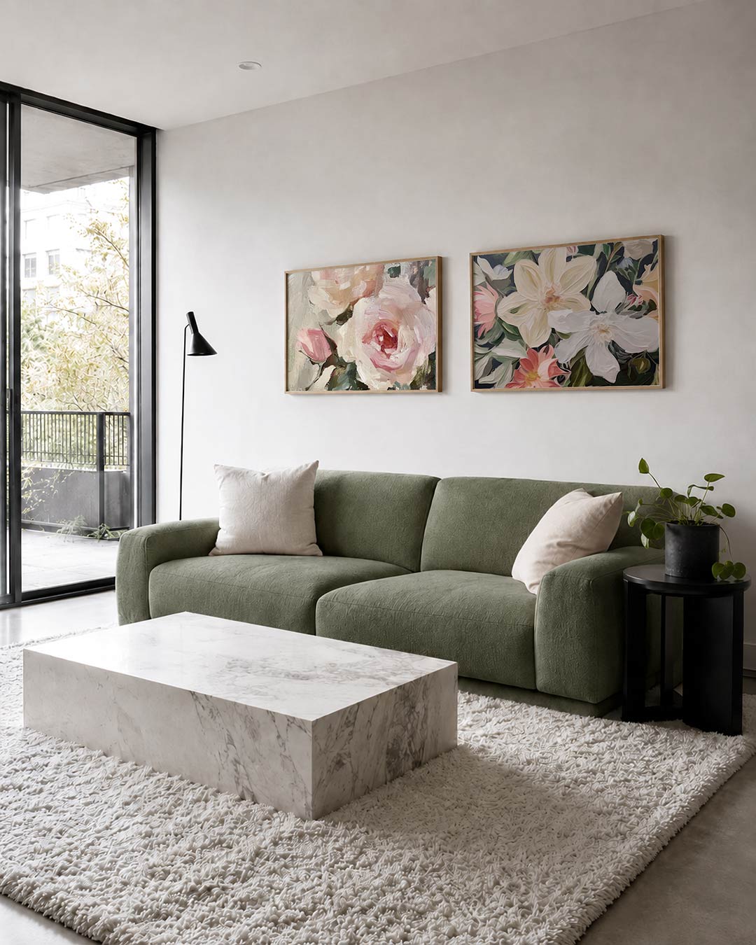 Twee liggende posters met zachte penseelstreken in roze en crème tinten, aan de muur in een interieur
