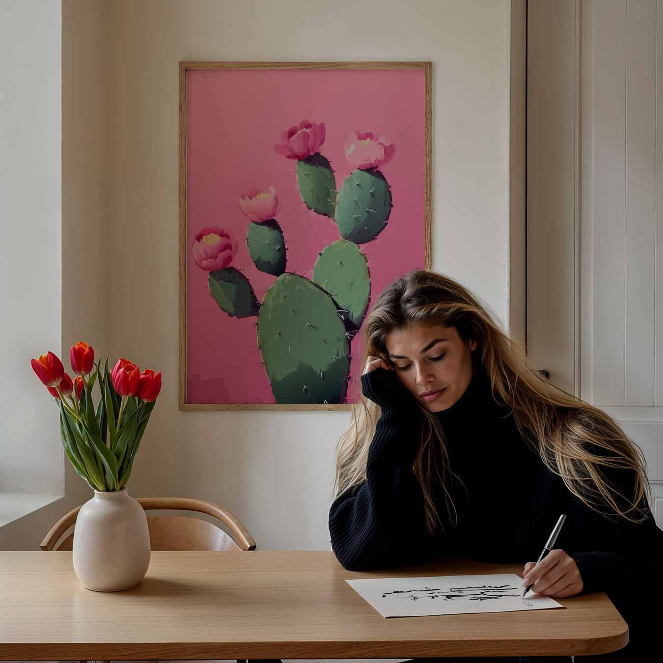 Cactus Bloemenpracht op Roze Poster-WallArtistic