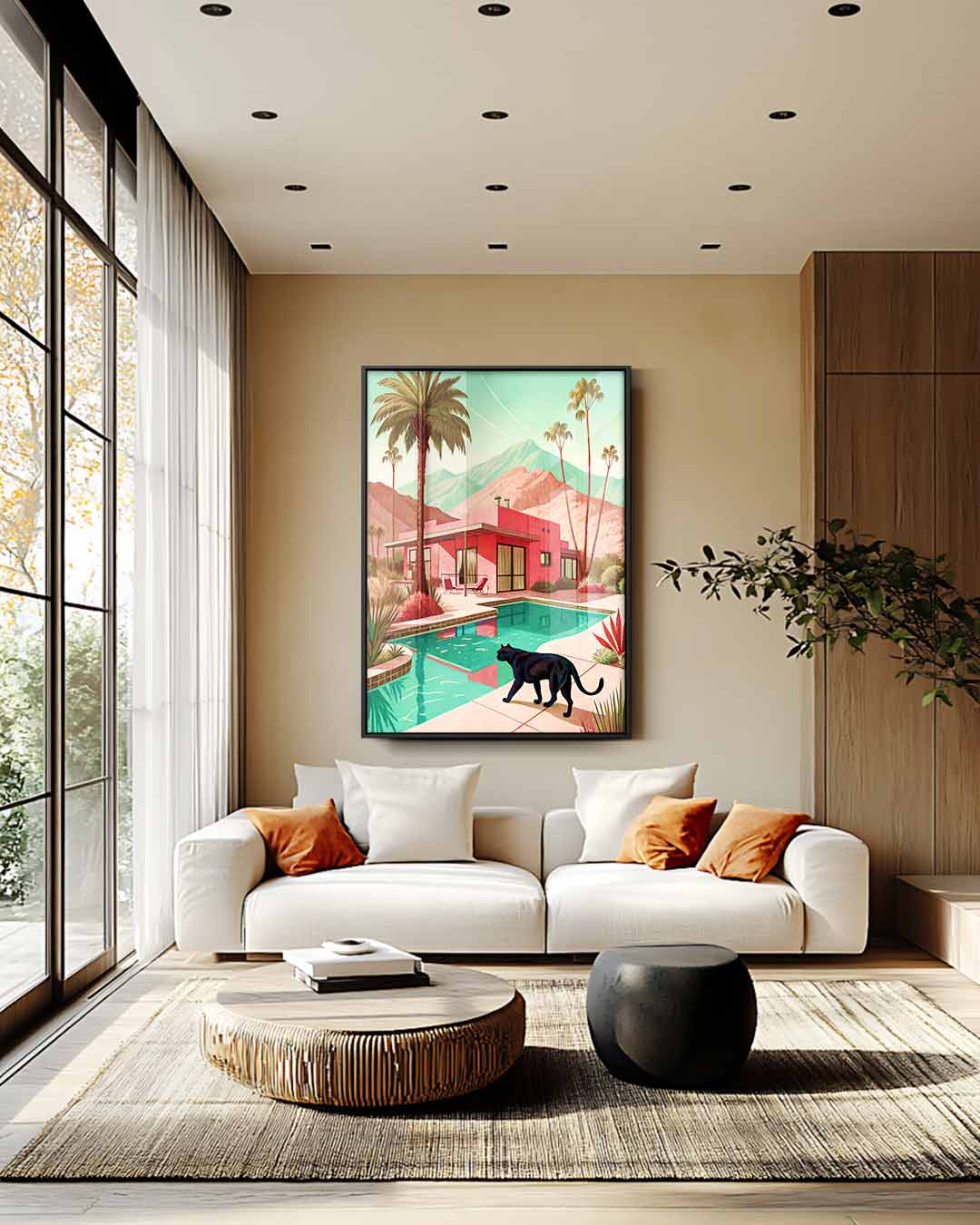 Modern Droomhuis met Zwarte Kat Kunstwerk