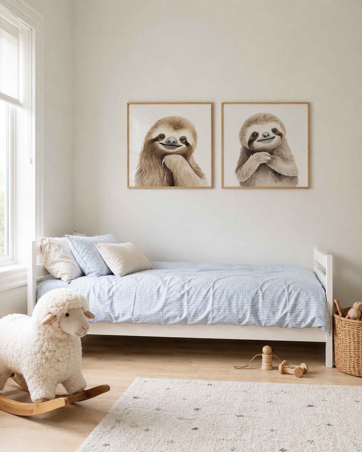 Interieurpresentatie van een tweedelige vierkante posterset met luiaardportretten