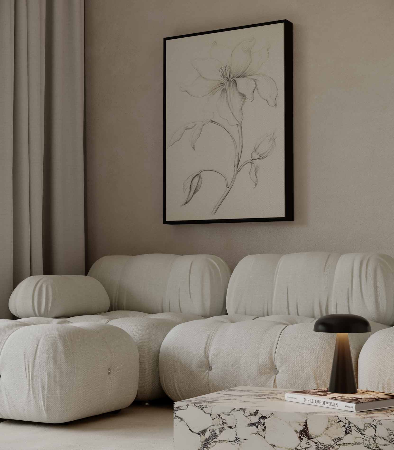 Elegante Bloementekening in Potlood Kunstwerk-canvas-dibond-plexiglas-wanddecoratie-WallArtistic