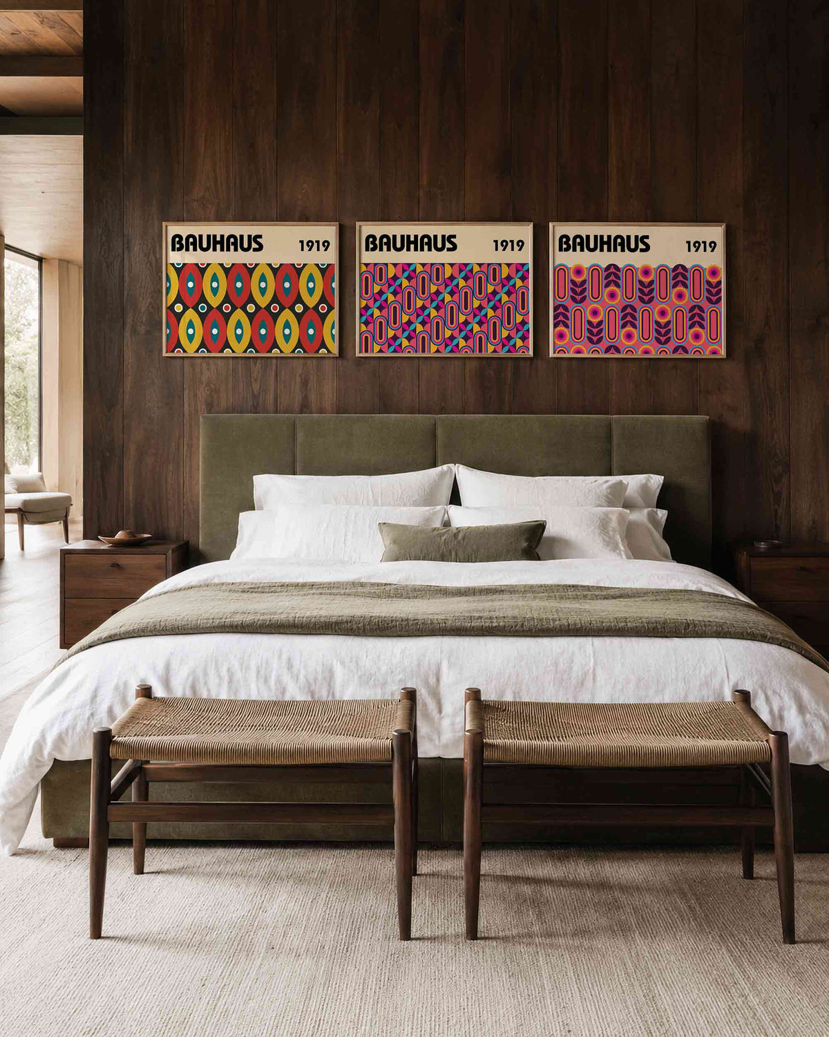 Interieurmockup van drieluik landscape-posterset met okerbogen en koraalritme