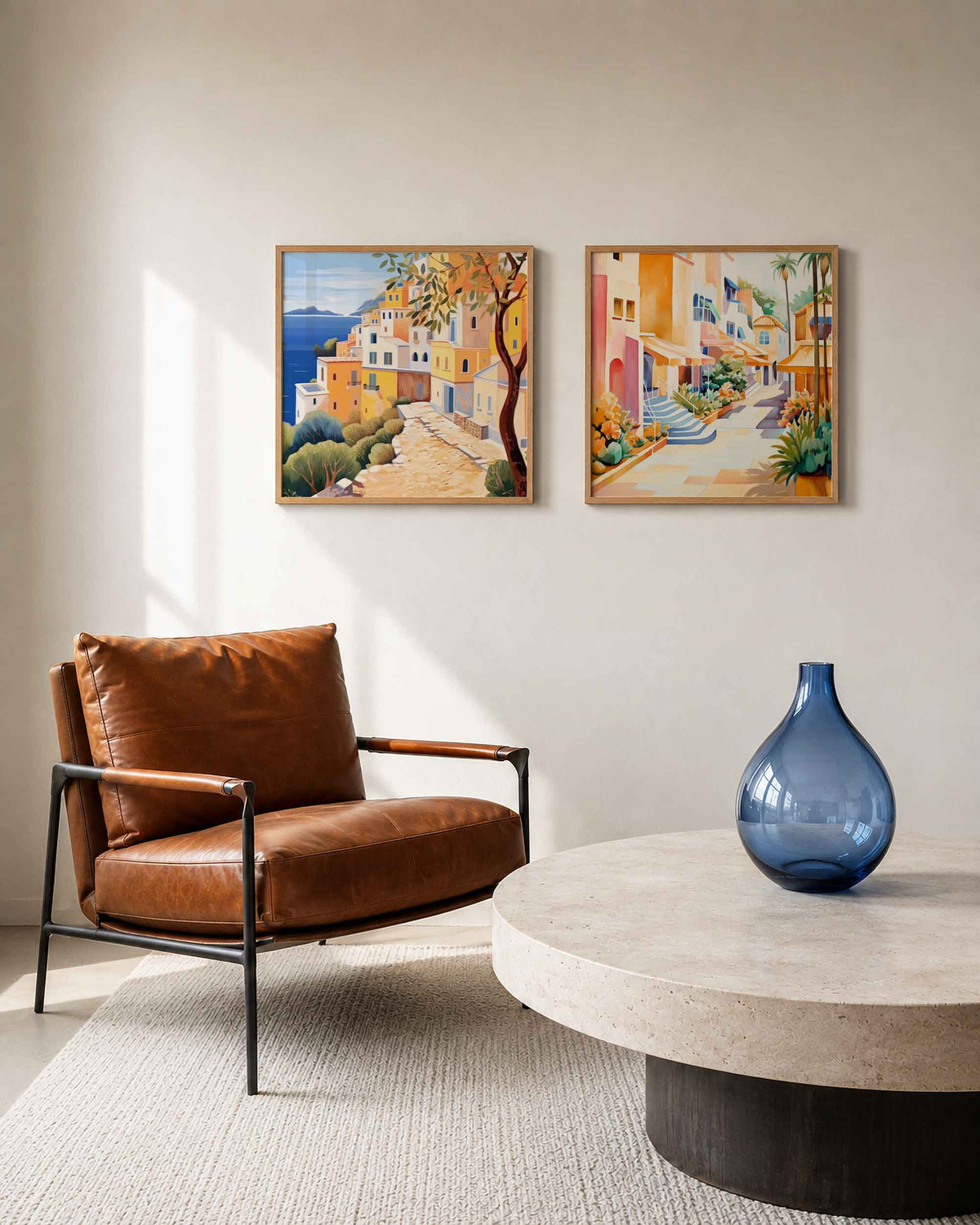 Interieurpresentatie van een tweedelige vierkante posterset met kustdorp en straat poster set