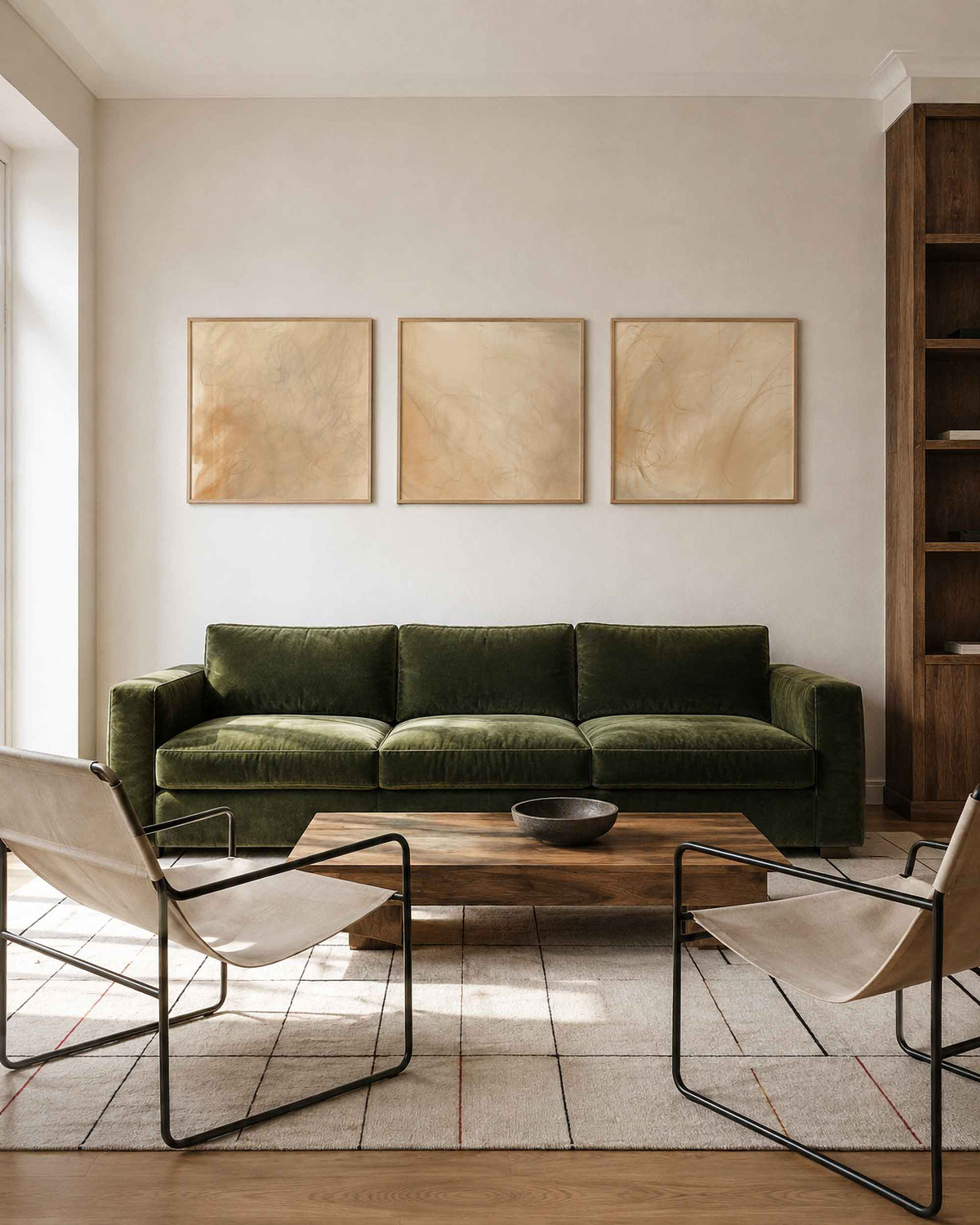 Interieurpresentatie van een driedelige vierkante posterset met beige abstracte lijnen