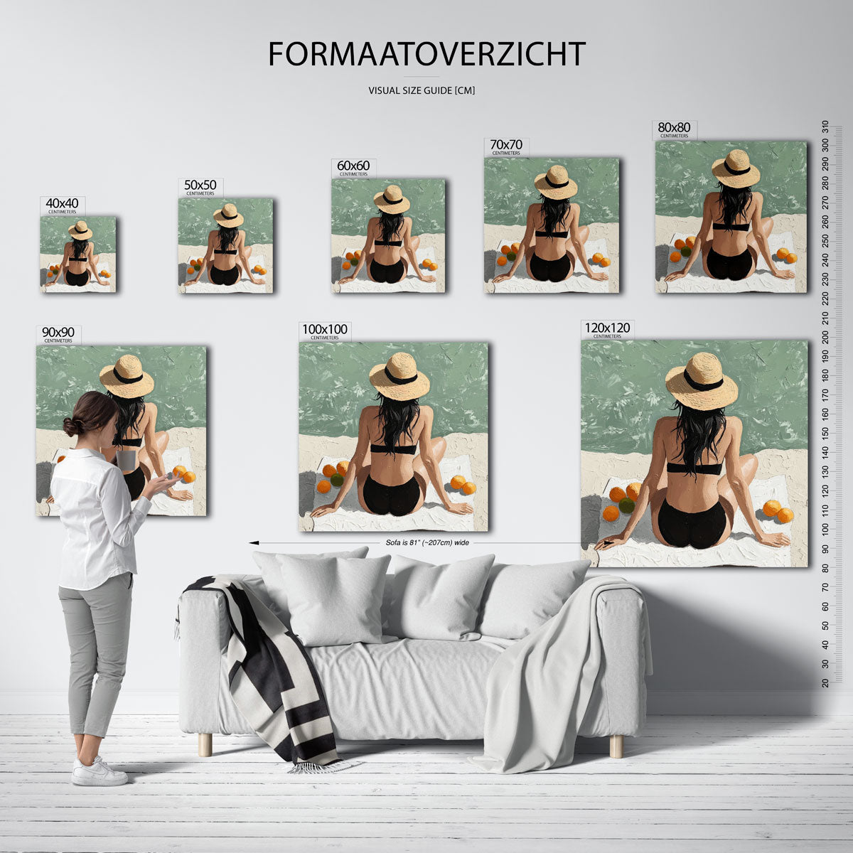 Vrouw op strand met hoed Poster