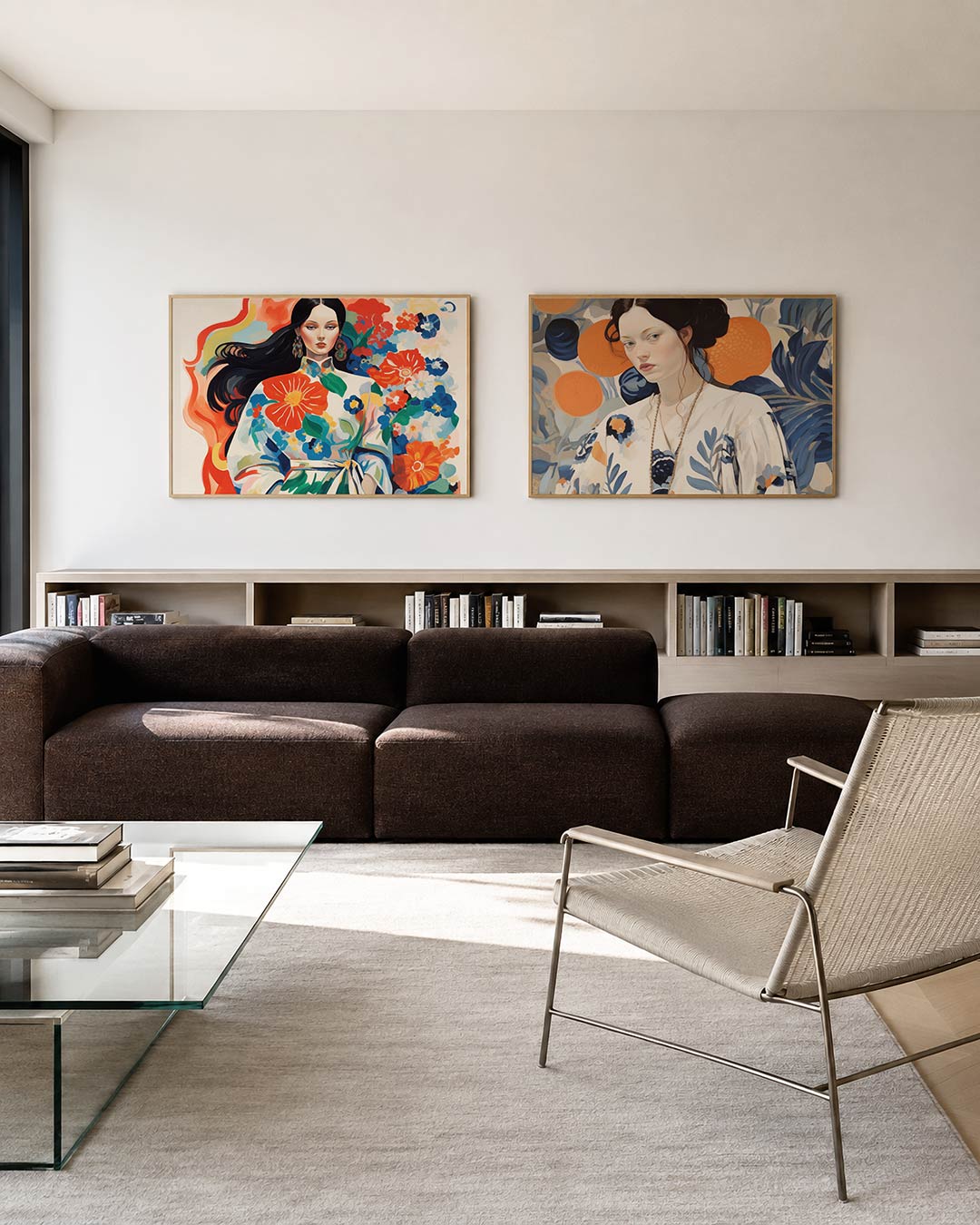 Twee liggende posters met een vrouw omringd door levendige bloemen, aan de muur in een interieur