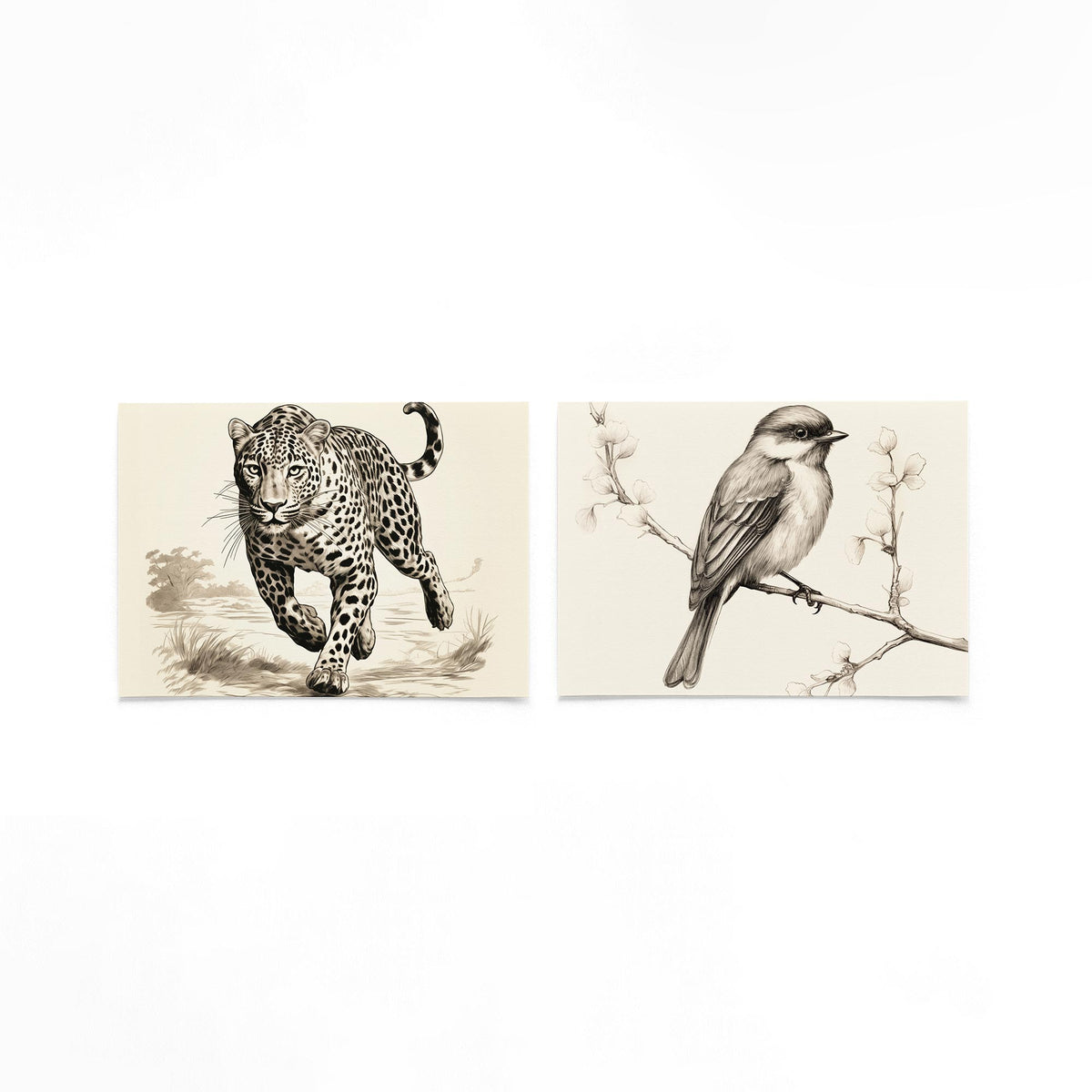 Twee liggende posters met een krachtige jaguar in beweging op een gebroken witte achtergrond