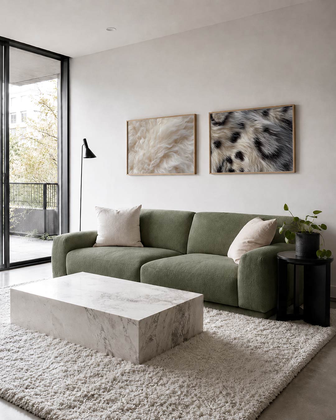 Twee liggende posters met een zee van golvende, zachte lijnen in crèmekleurige tinten, aan de muur in een interieur