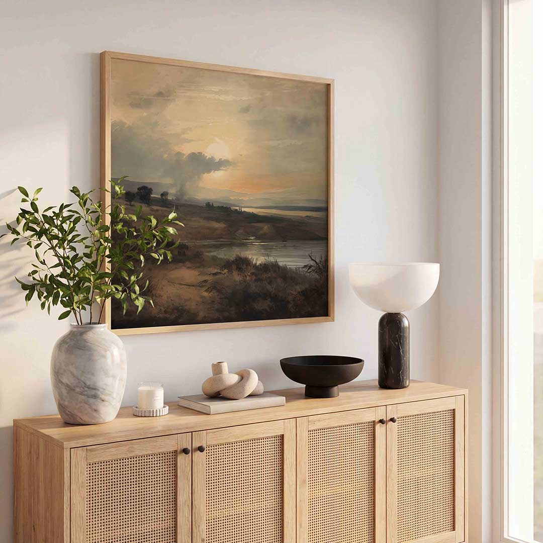 Landschap met ondergaande zon Poster