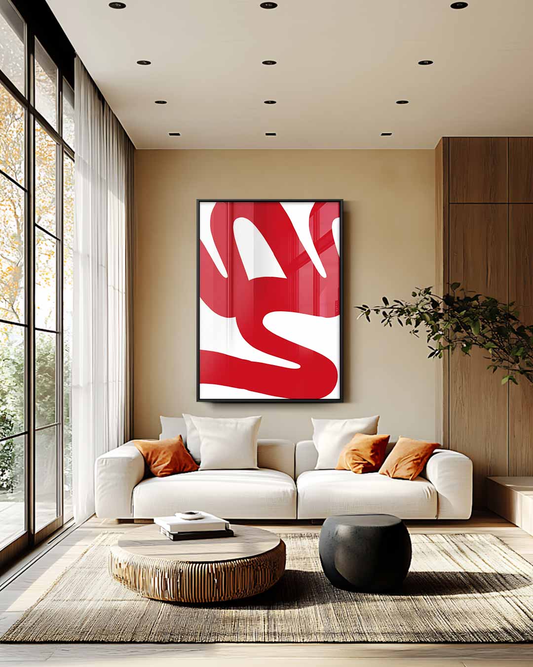 Golvende Rode Lijnen Kunstwerk-canvas-dibond-plexiglas-wanddecoratie-WallArtistic