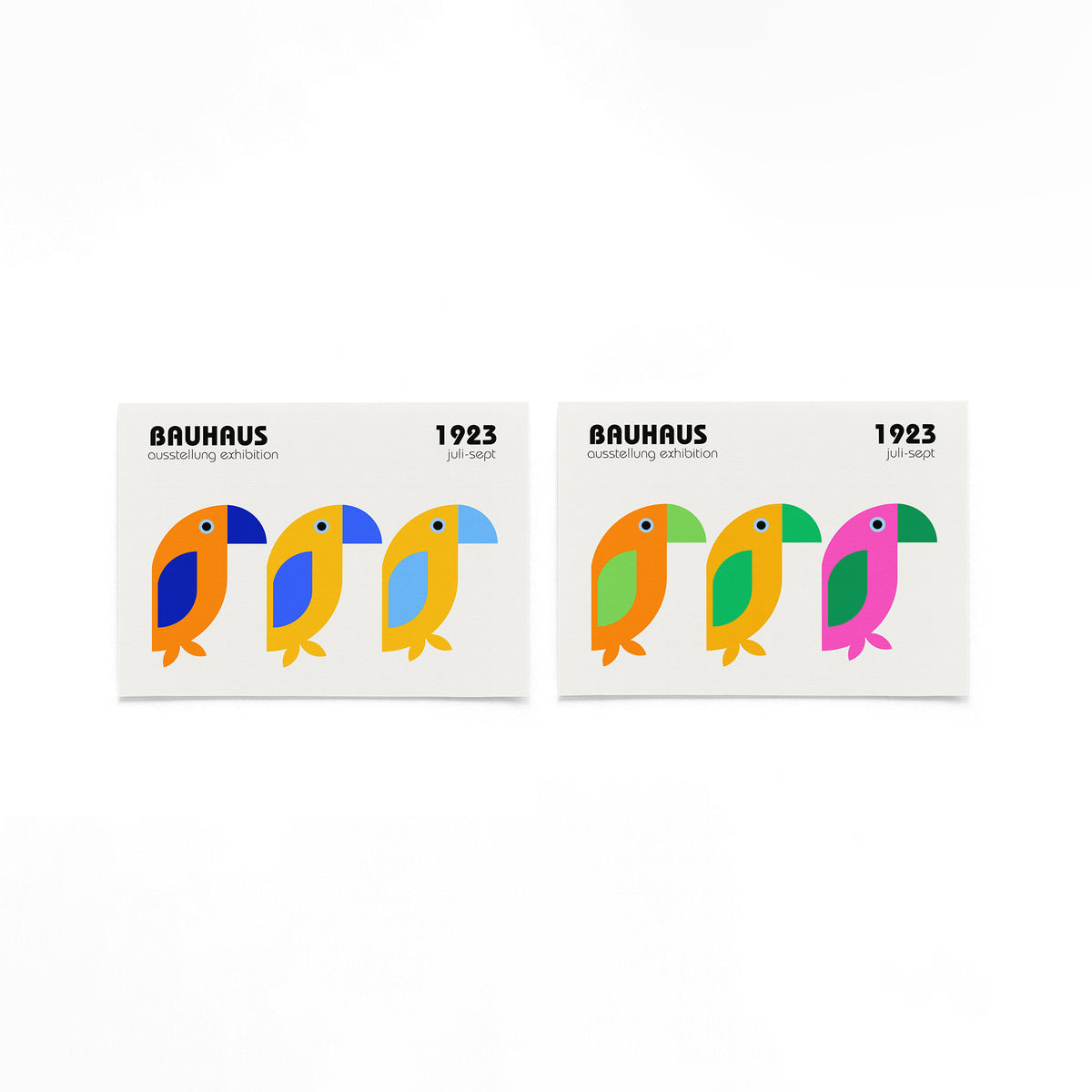 Twee landscape posters met kleurrijke vogels met ronde vleugels als vrijstaande productfoto