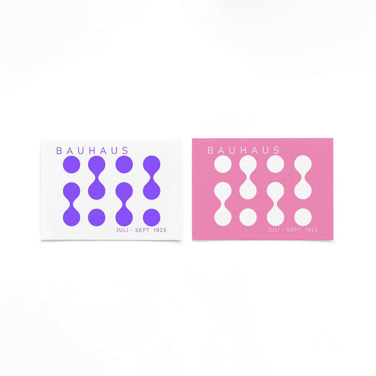 Twee landscape posters met paarse en roze cirkelritmes als vrijstaande productfoto
