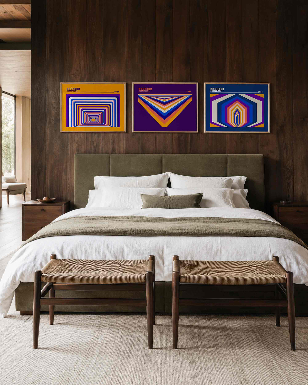 Interieurmockup van drieluik landscape-posterset met kleurbanen in diepte