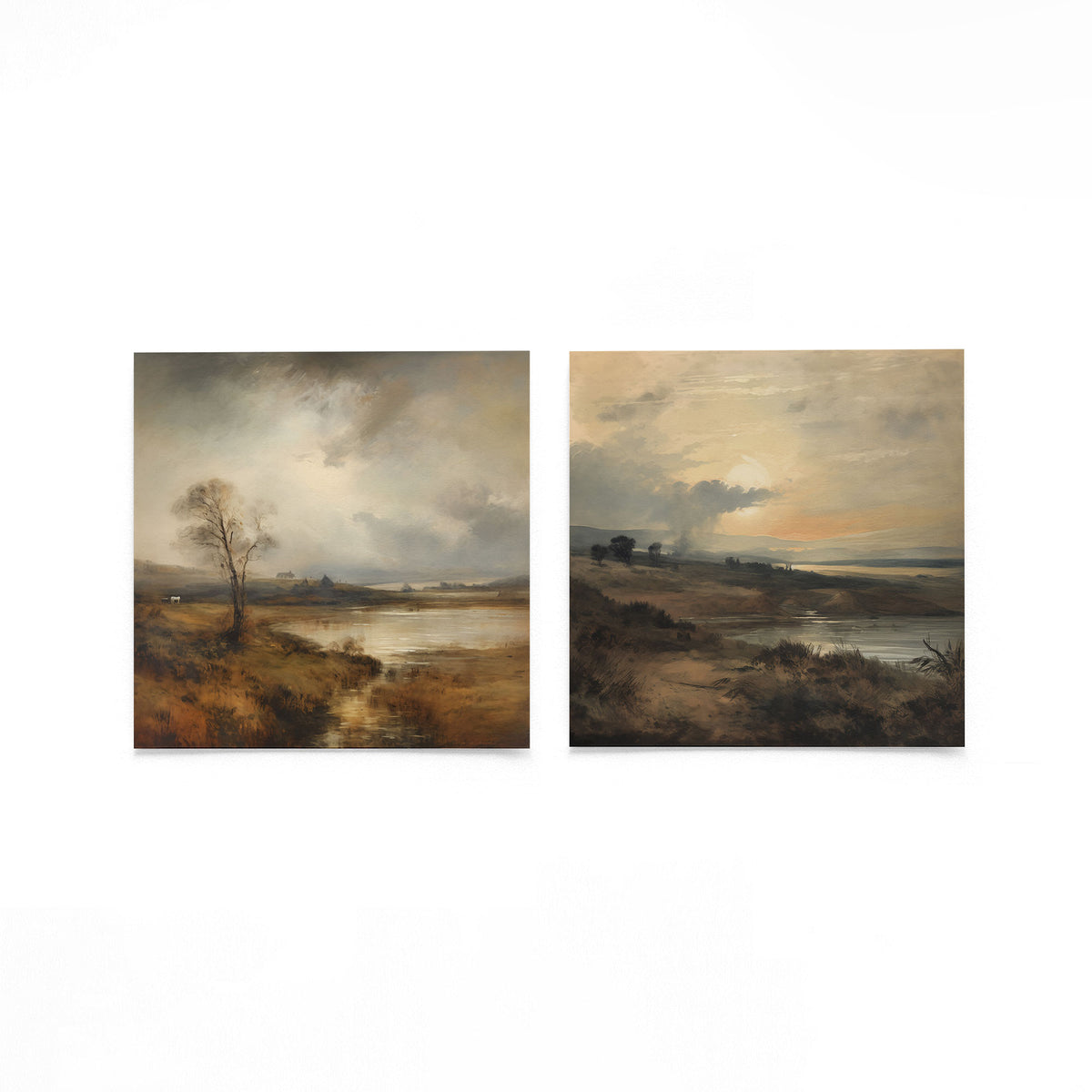 Twee vierkante posters met rivierlandschap op een gebroken witte achtergrond