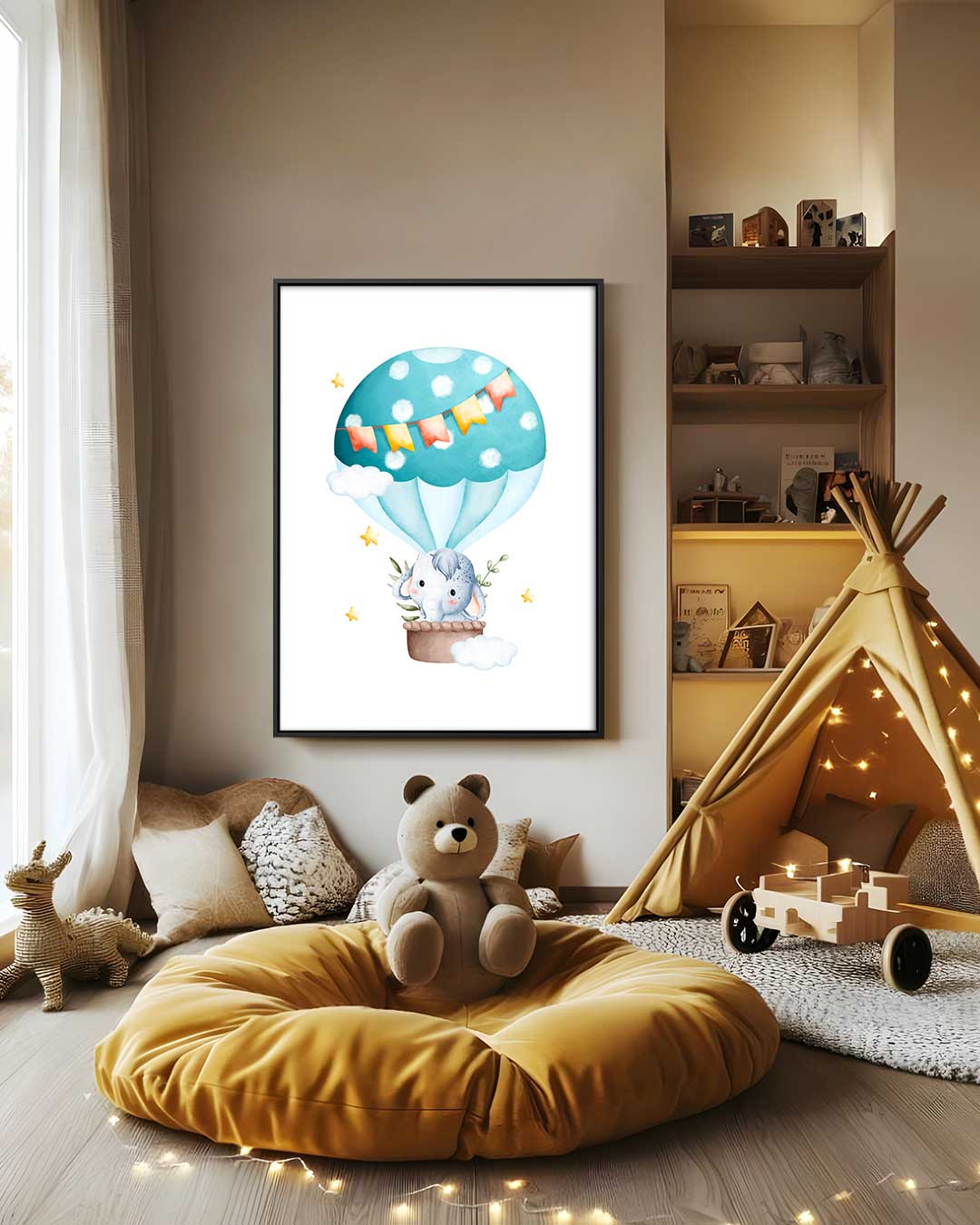 Dromerige Olifant in Luchtballon Kunstwerk-canvas-dibond-plexiglas-wanddecoratie-WallArtistic