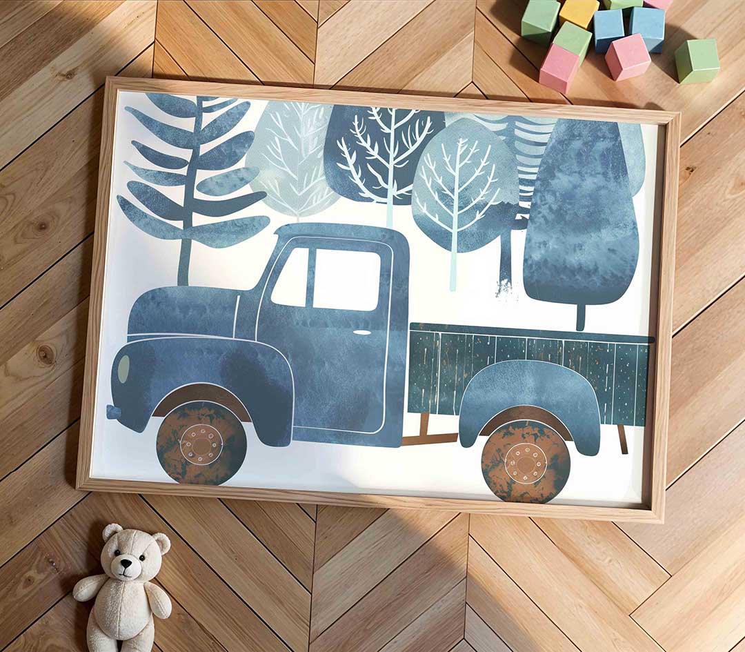 Blauwe vrachtwagen met bomen Poster