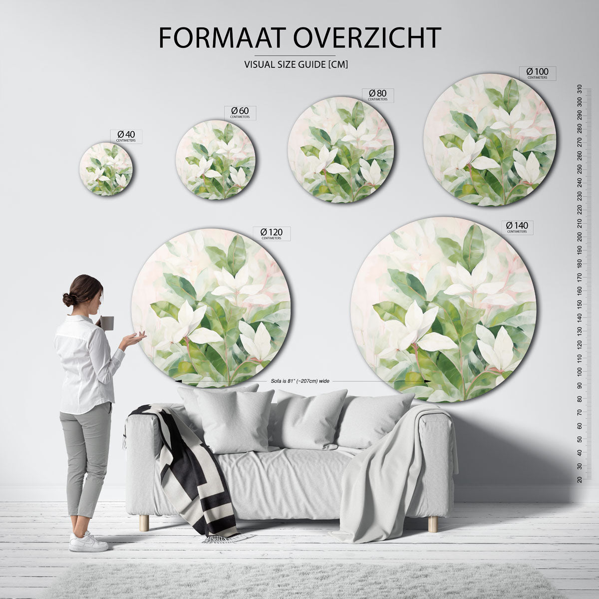 Witte bloemen en groene bladeren Muurcirkel
