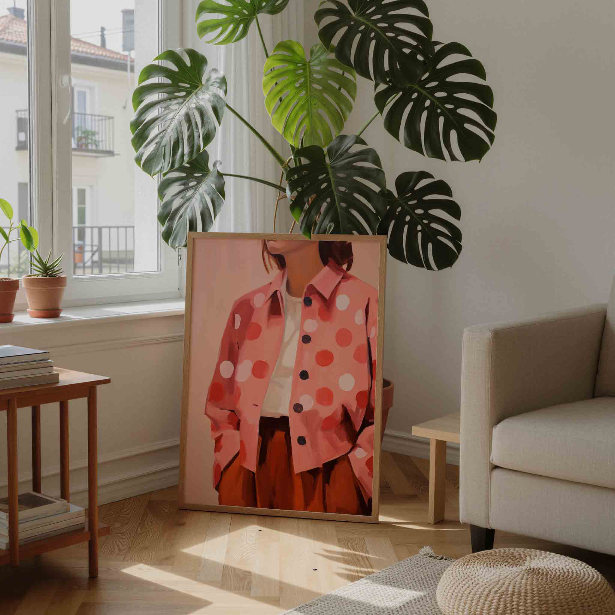 Vrouw in roze jas Poster