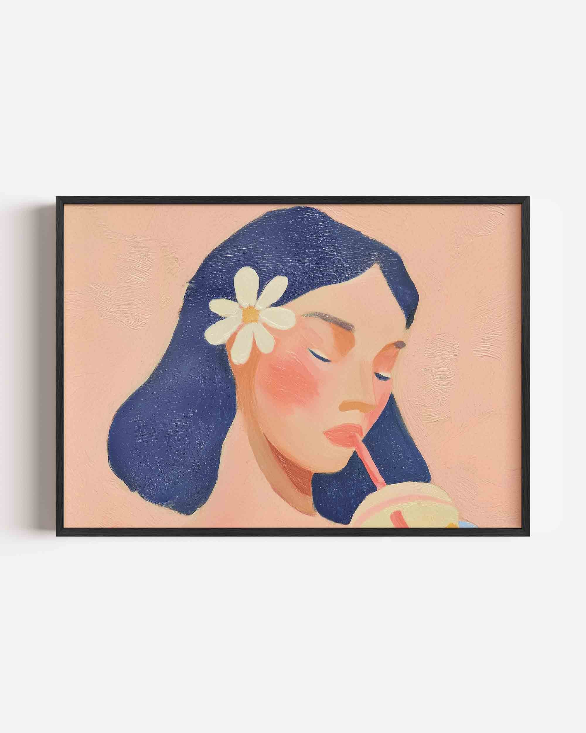 Vrouw met bloem en drankje Poster