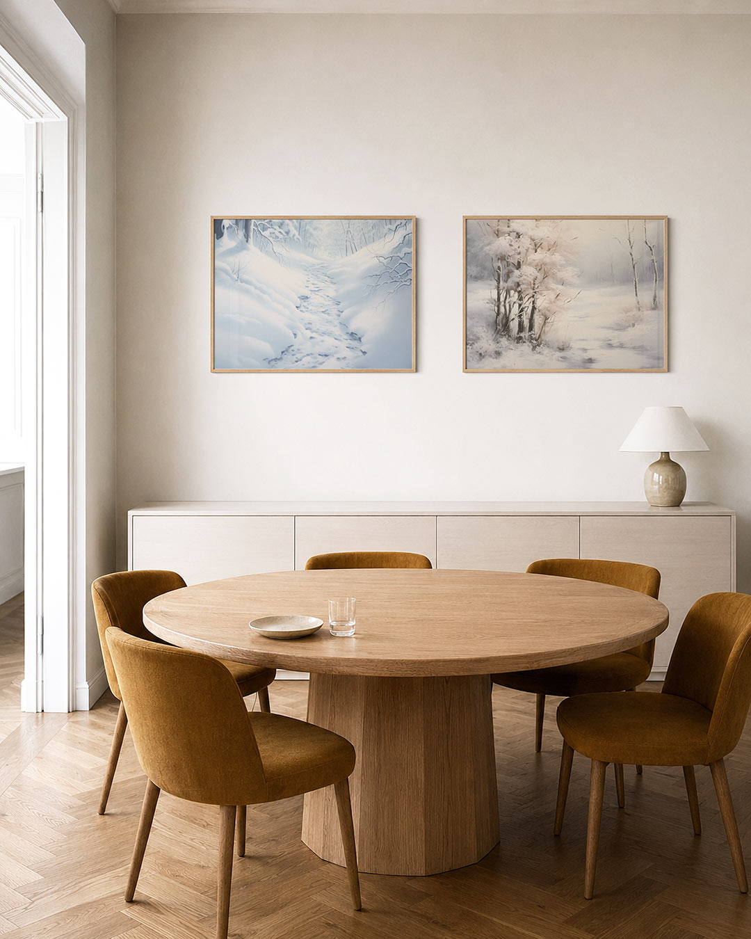Twee liggende posters met een serene winterse scène met zachte sneeuwvlakken en kronkelende, aan de muur in een interieur