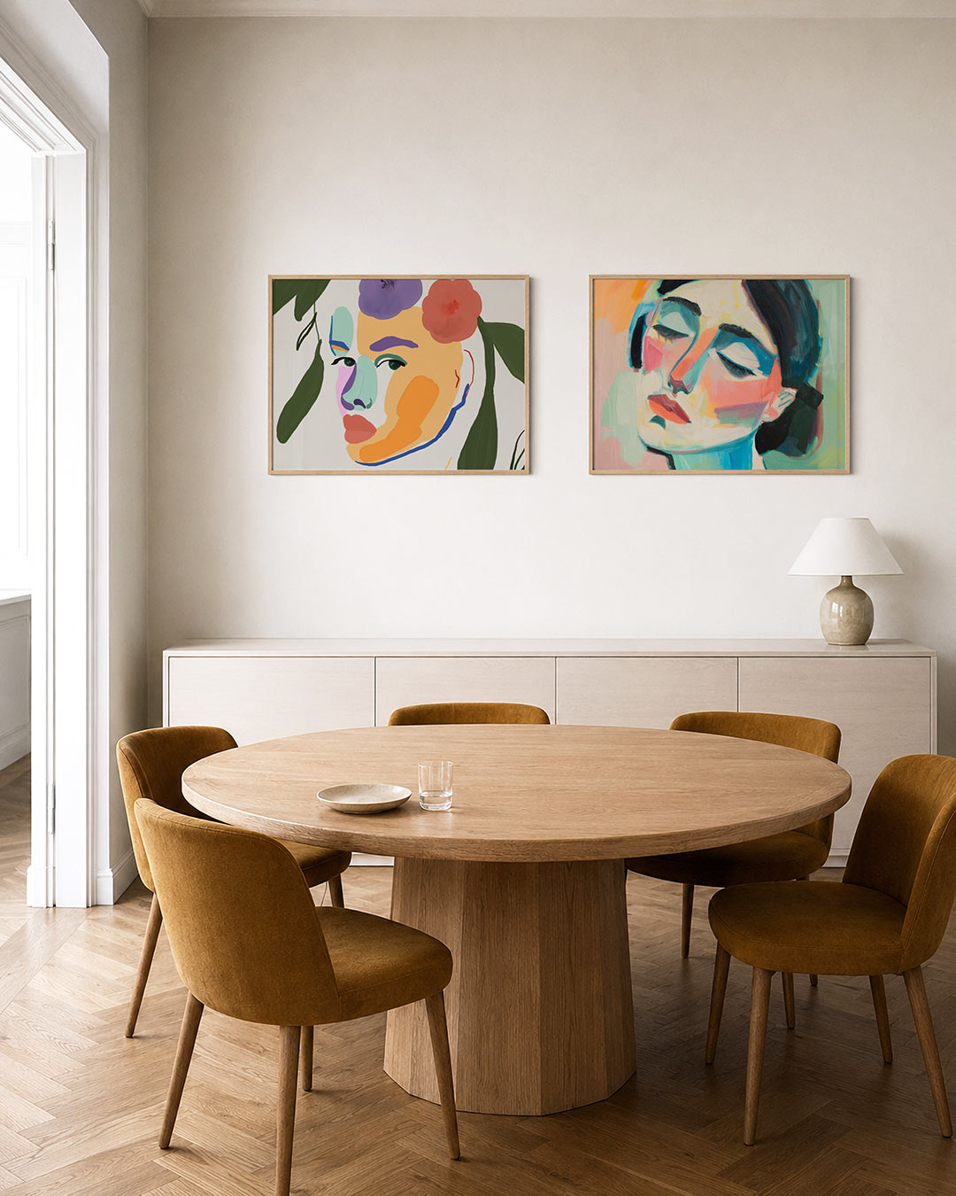 Twee liggende posters met kleurvlakken en organische vormen, aan de muur in een interieur