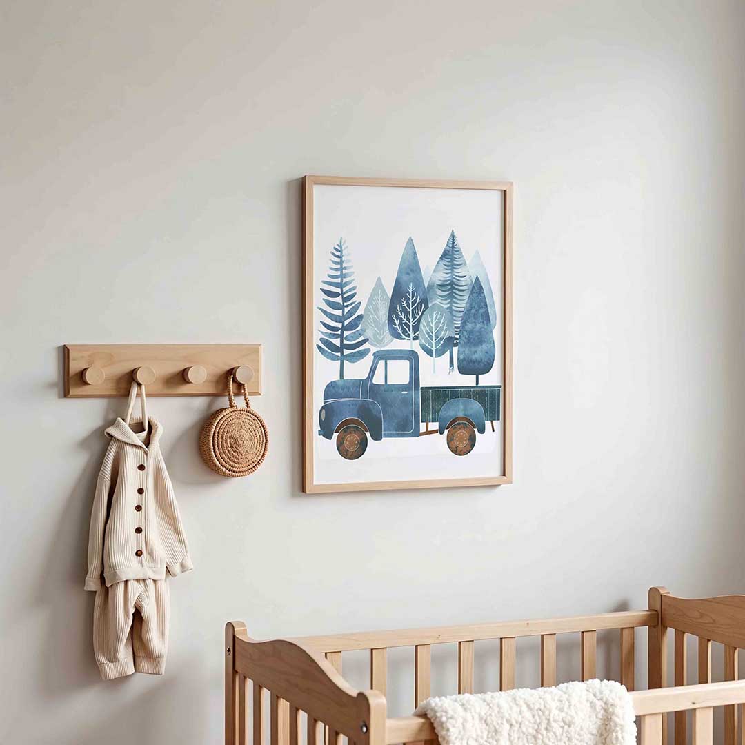 Blauwe vrachtwagen en bomen Poster