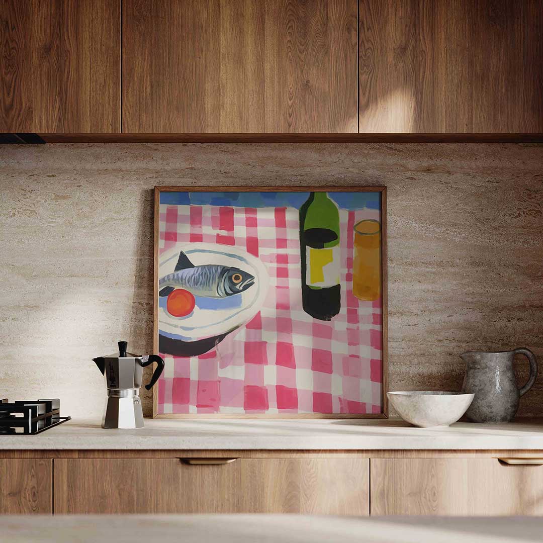 Vis en fles op tafel Poster