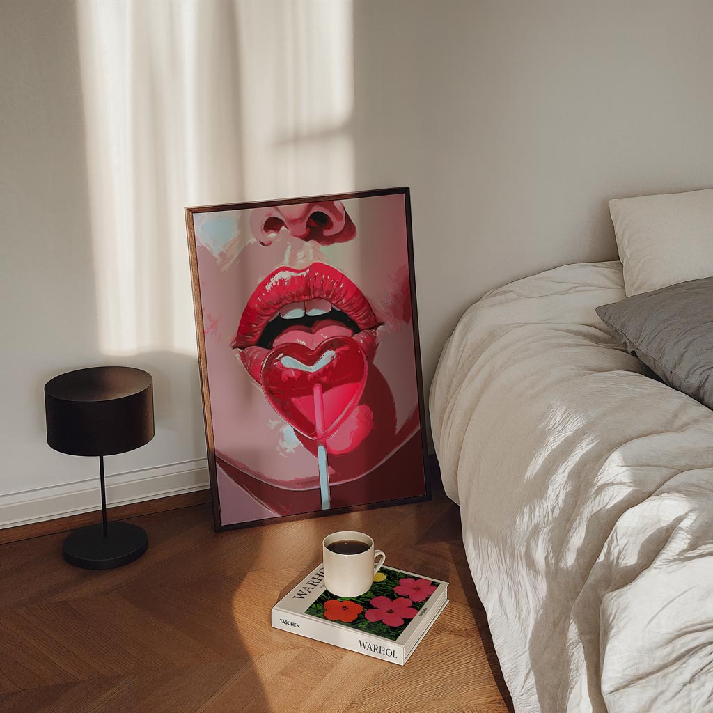 Lippen met Hartvormige Lolly Poster-WallArtistic