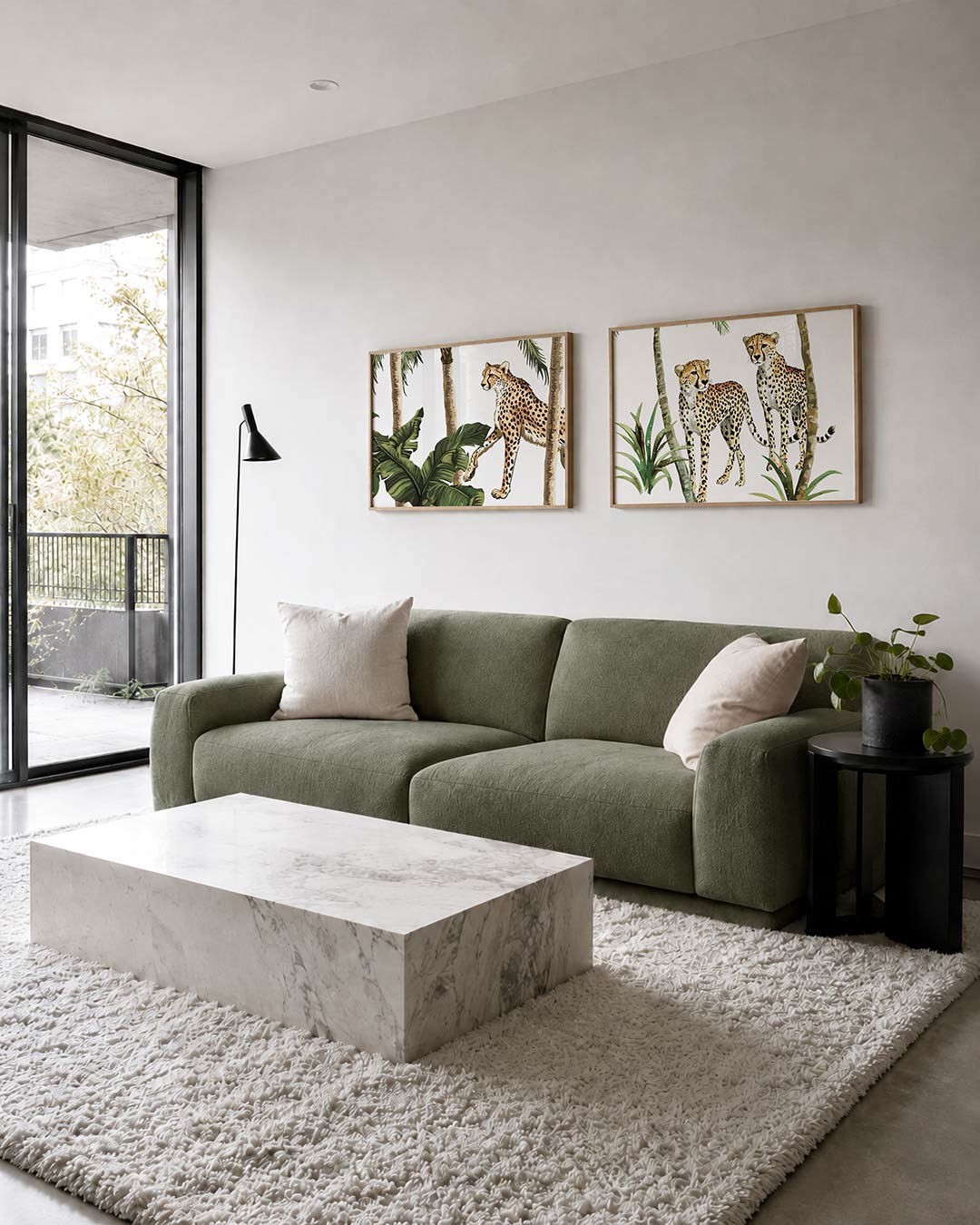 Tweedelige posterset met een cheeta tussen groene bladeren en slanke palmbomen, getoond in een interieur