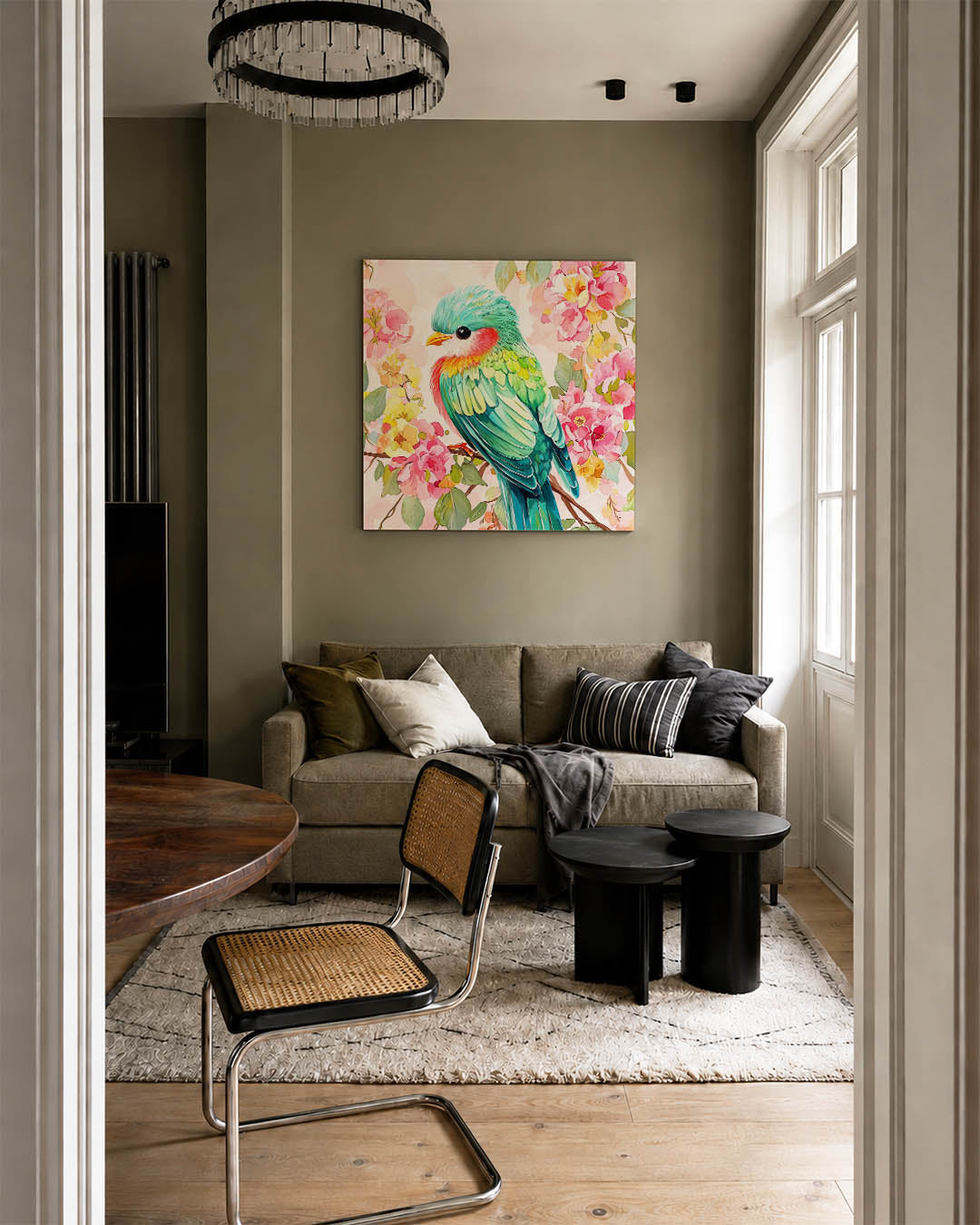 Vrolijke vogel en bloemen Kunstwerk