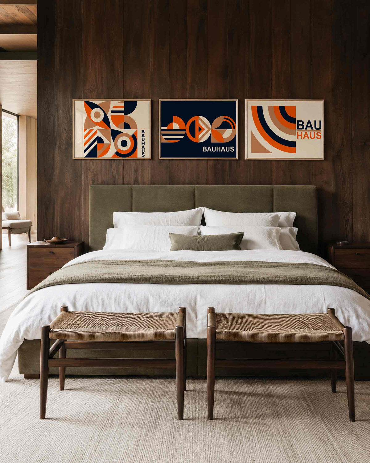 Interieurmockup van drieluik landscape-posterset met cirkelbogen en kleurvlakken