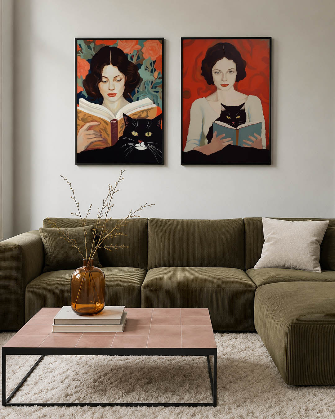 Lezende vrouw en kat Posterset