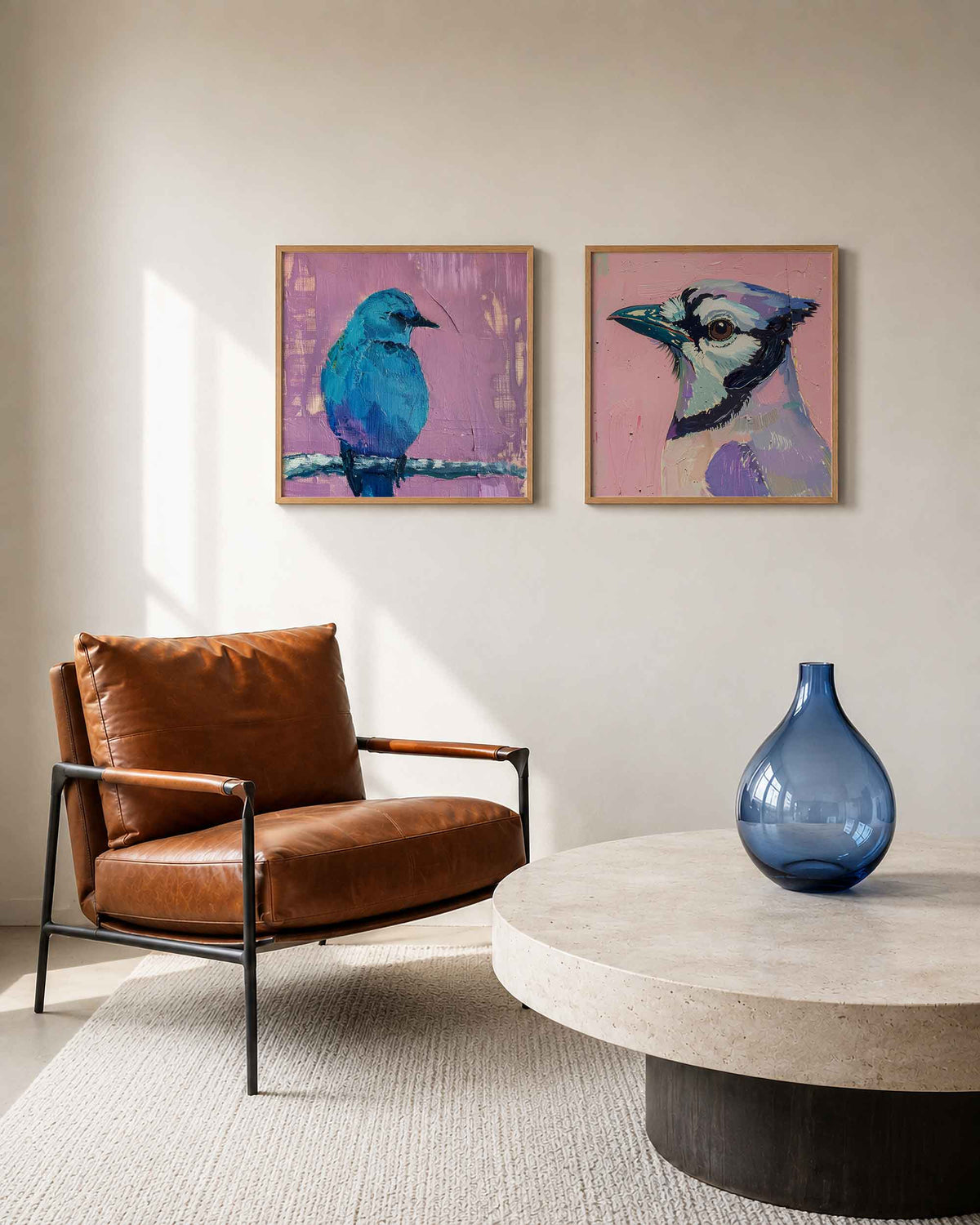Interieurpresentatie van een tweedelige vierkante posterset met blauwe vogels