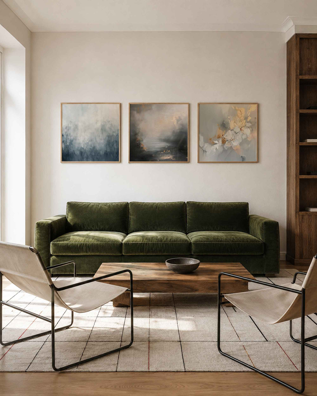 Interieurpresentatie van een driedelige vierkante posterset met abstracte schilderijen