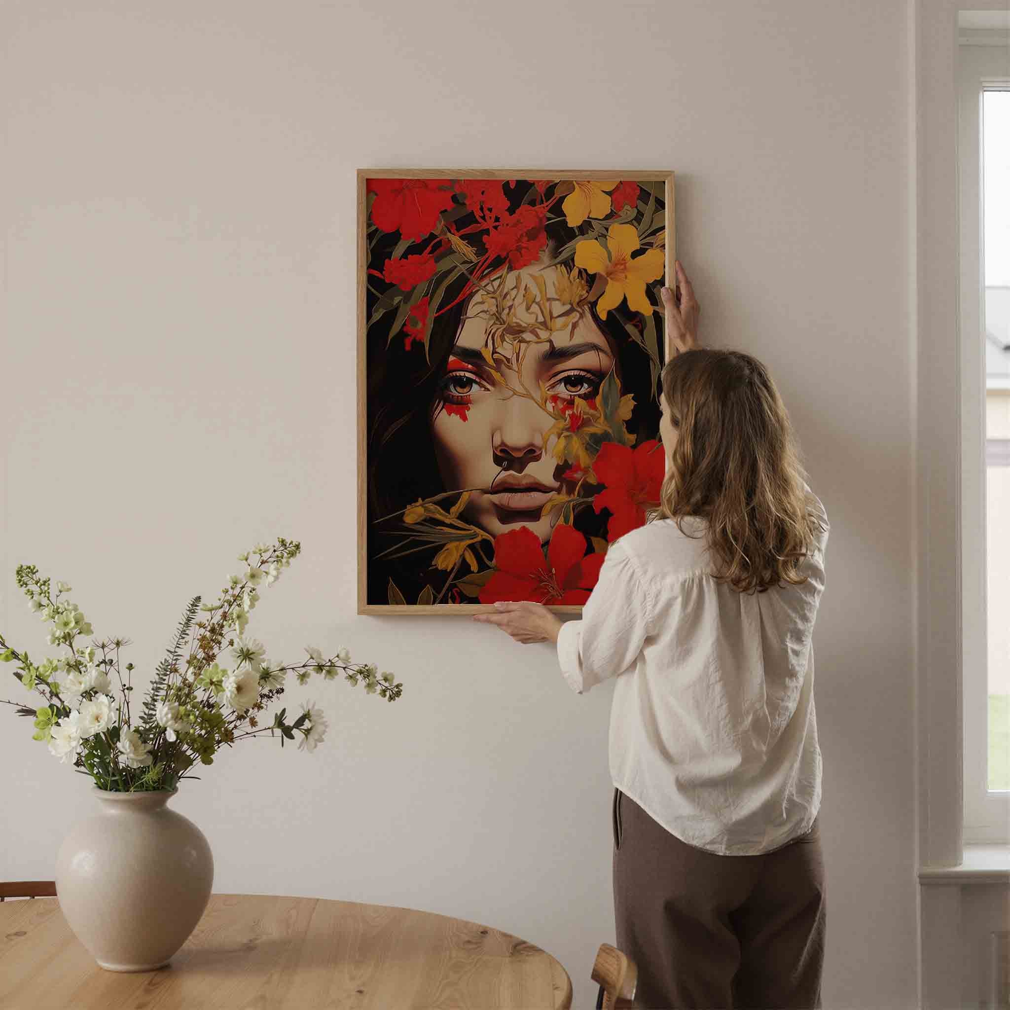 Bloemen en gezicht Poster
