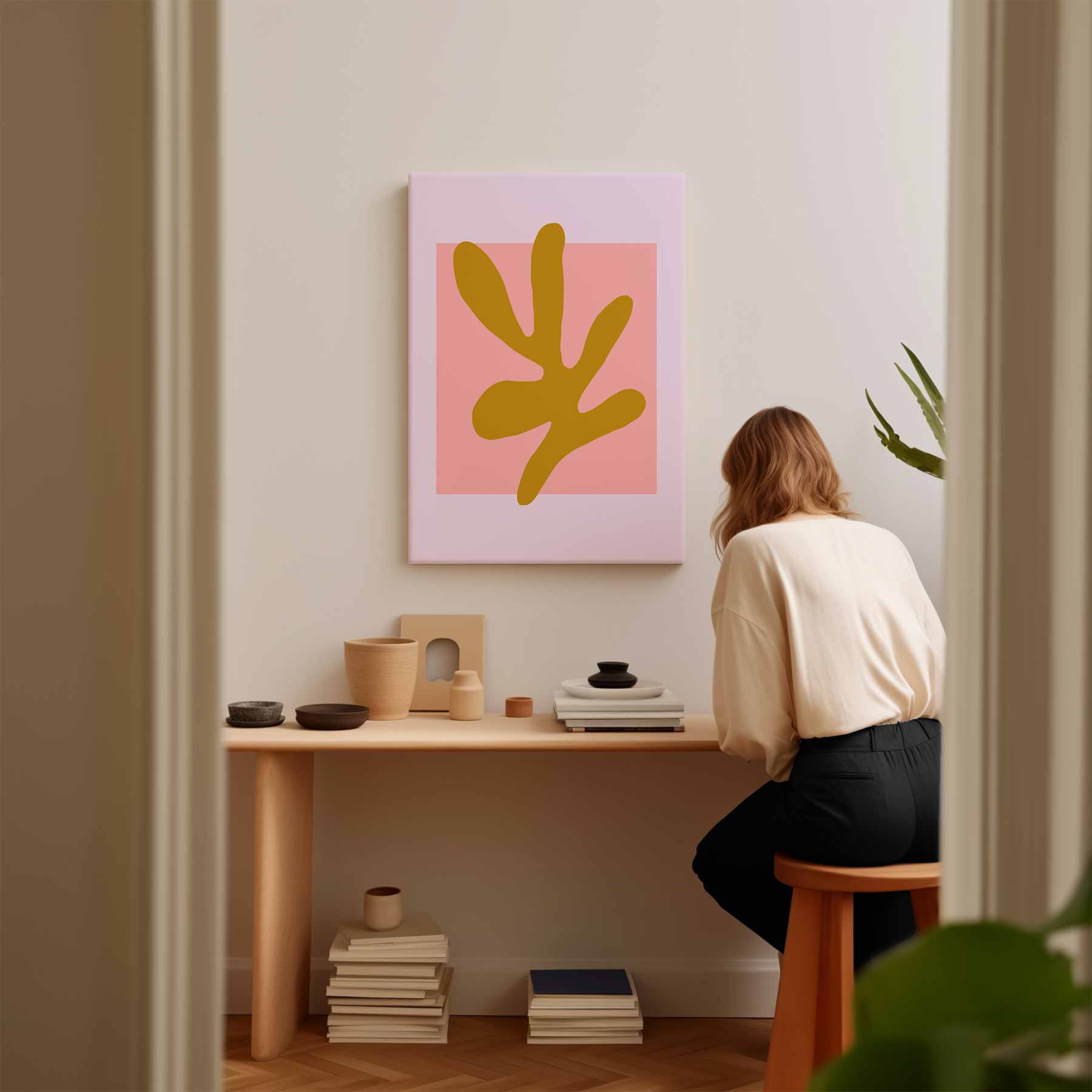 Abstracte Vormen in Oker en Roze Kunstwerk-canvas-dibond-plexiglas-wanddecoratie-WallArtistic