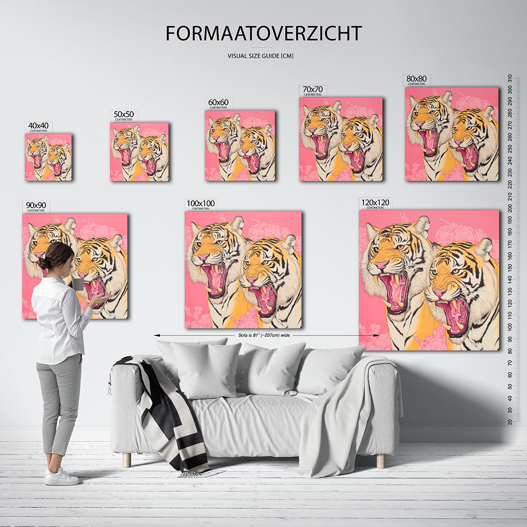 Tijgers op roze achtergrond Kunstwerk