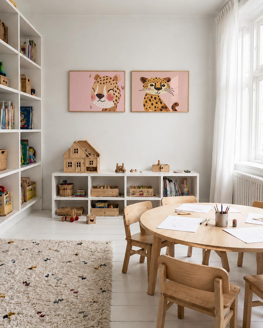 Tweedelige posterset met een schattige dierenkop met een lachend gezicht op een roze achtergrond, getoond in een interieur