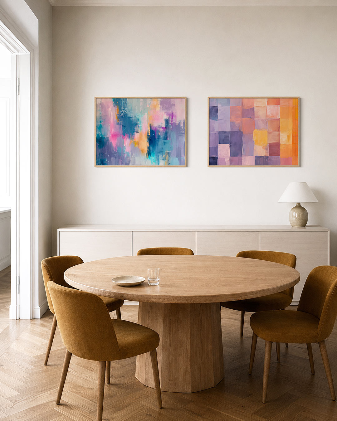 Tweedelige posterset met zachte kleuren, getoond in een interieur