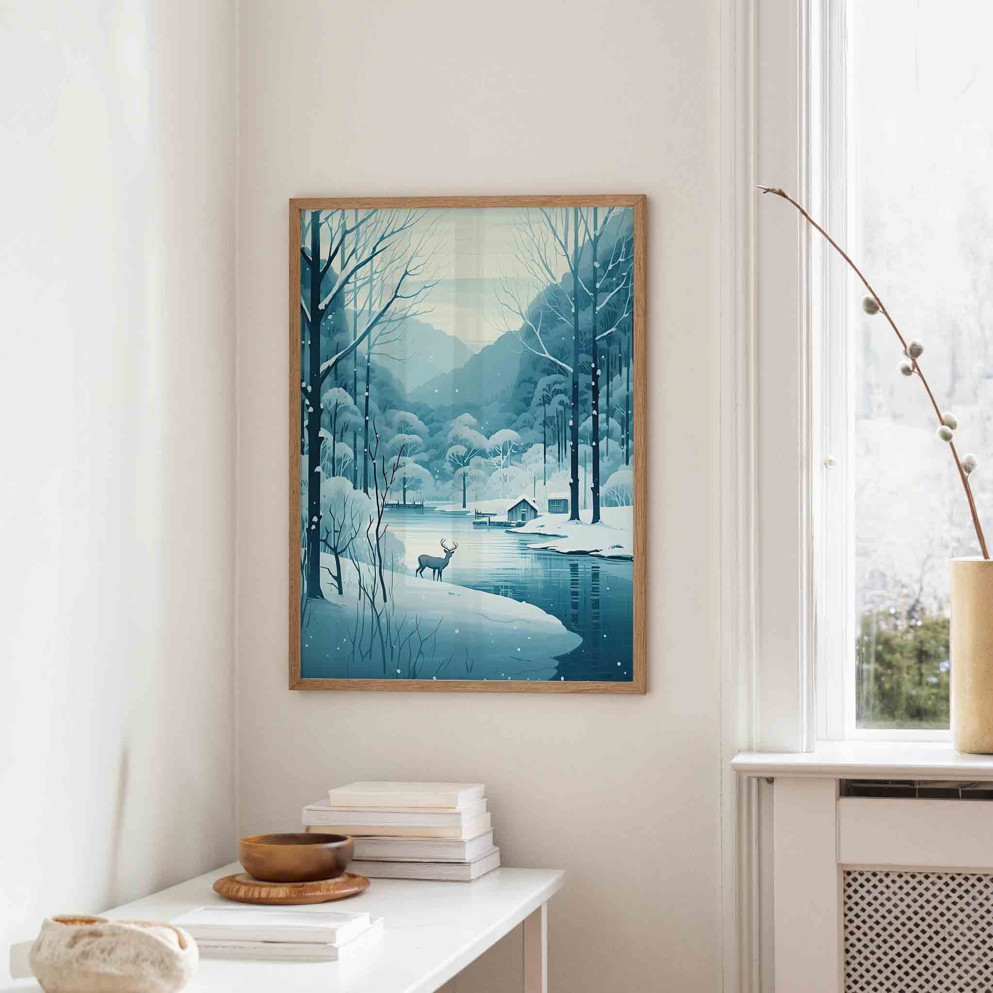 Winterlandschap met hert Poster